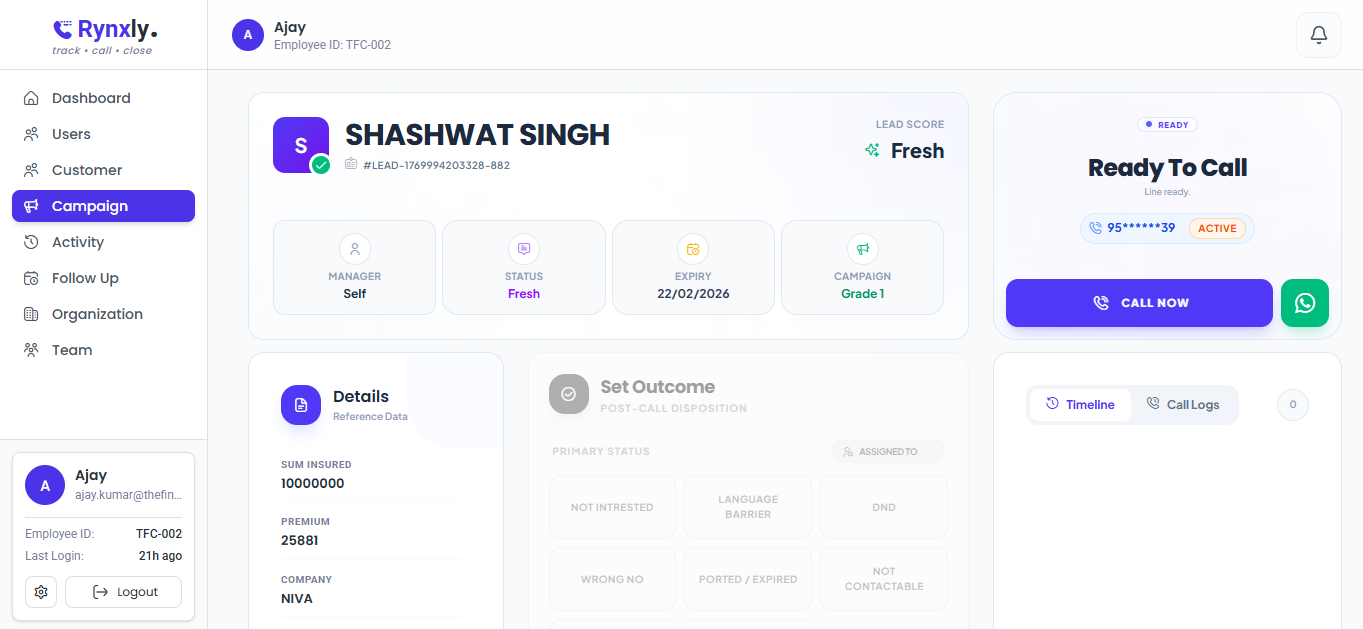 Rynxly SIM Based Calling CRM - Sales Calling Software Dashboard